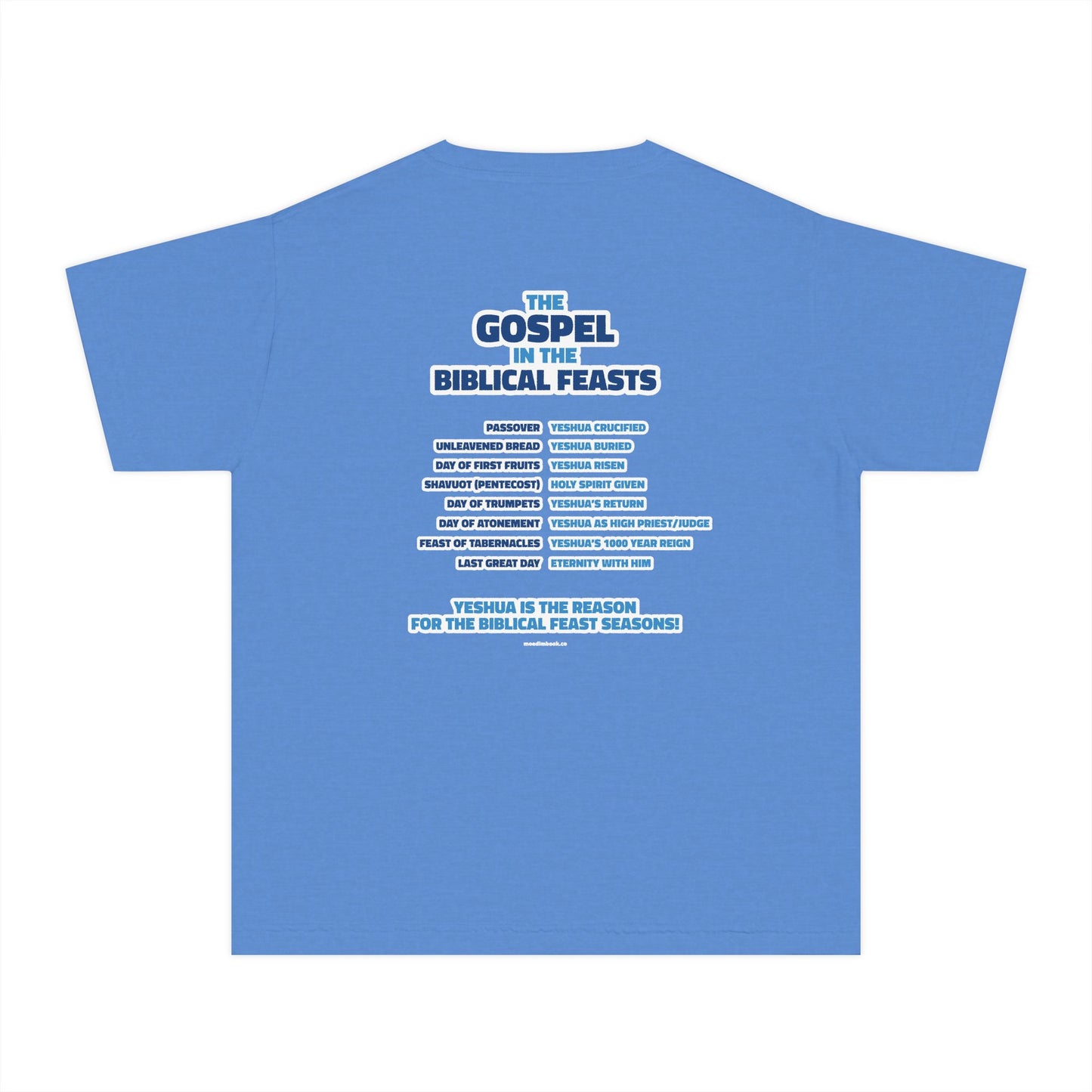 YESHUA is the Reason! Gospel in the Feasts Youth Shirt (Light Blue) | Moedim Book Co.