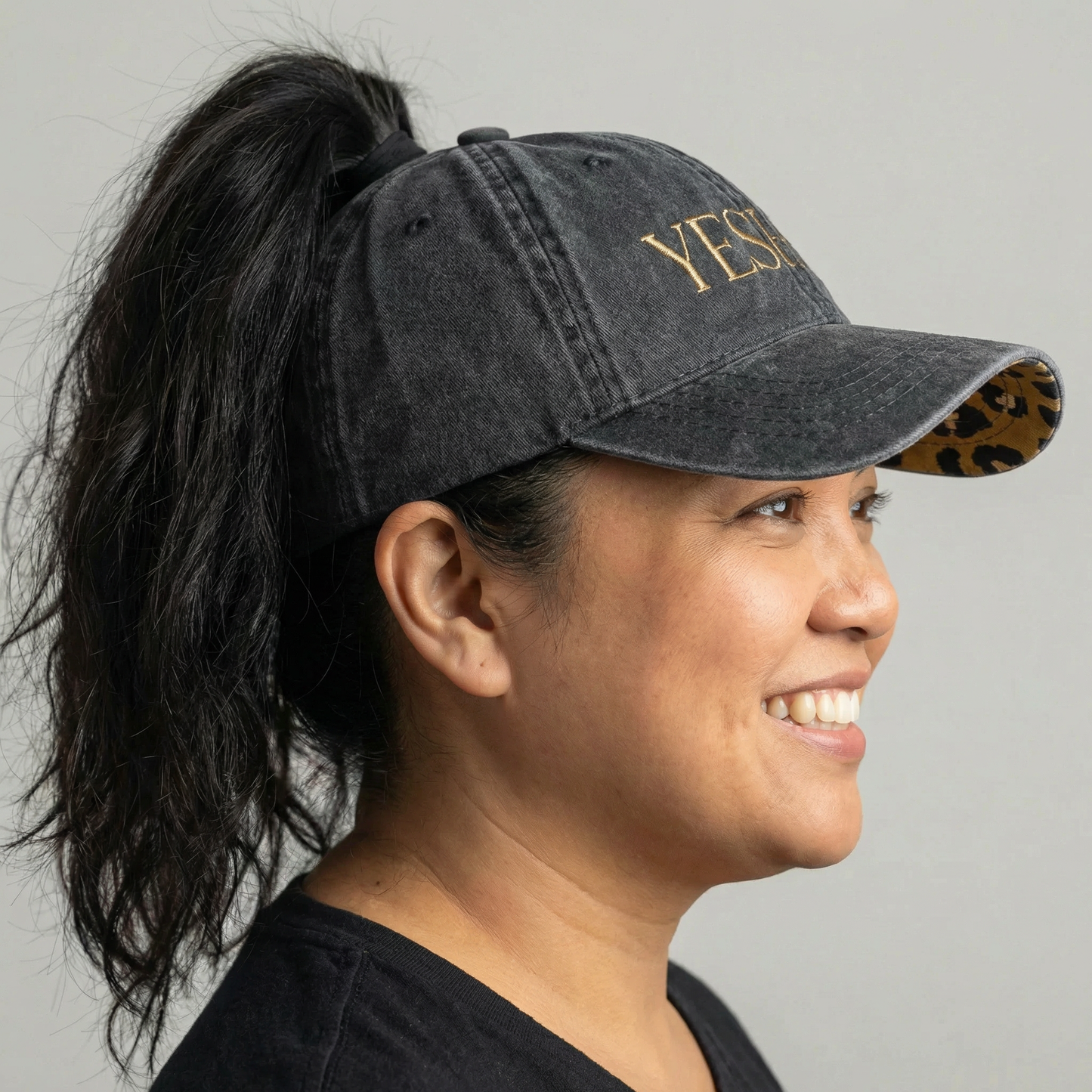 YESHUA Ponytail Hat (Black/Leopard) | Bronze Embroidery