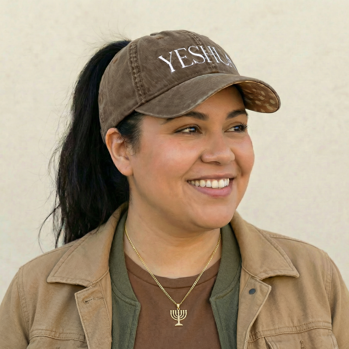 YESHUA Ponytail Hat (Chocolate/Fawn) | White Embroidery