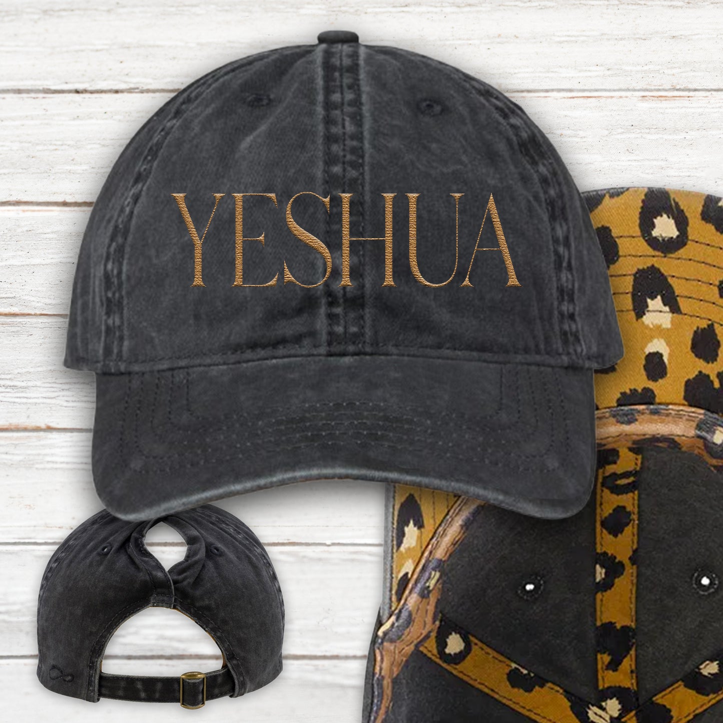 YESHUA Ponytail Hat (Black/Leopard) | Bronze Embroidery