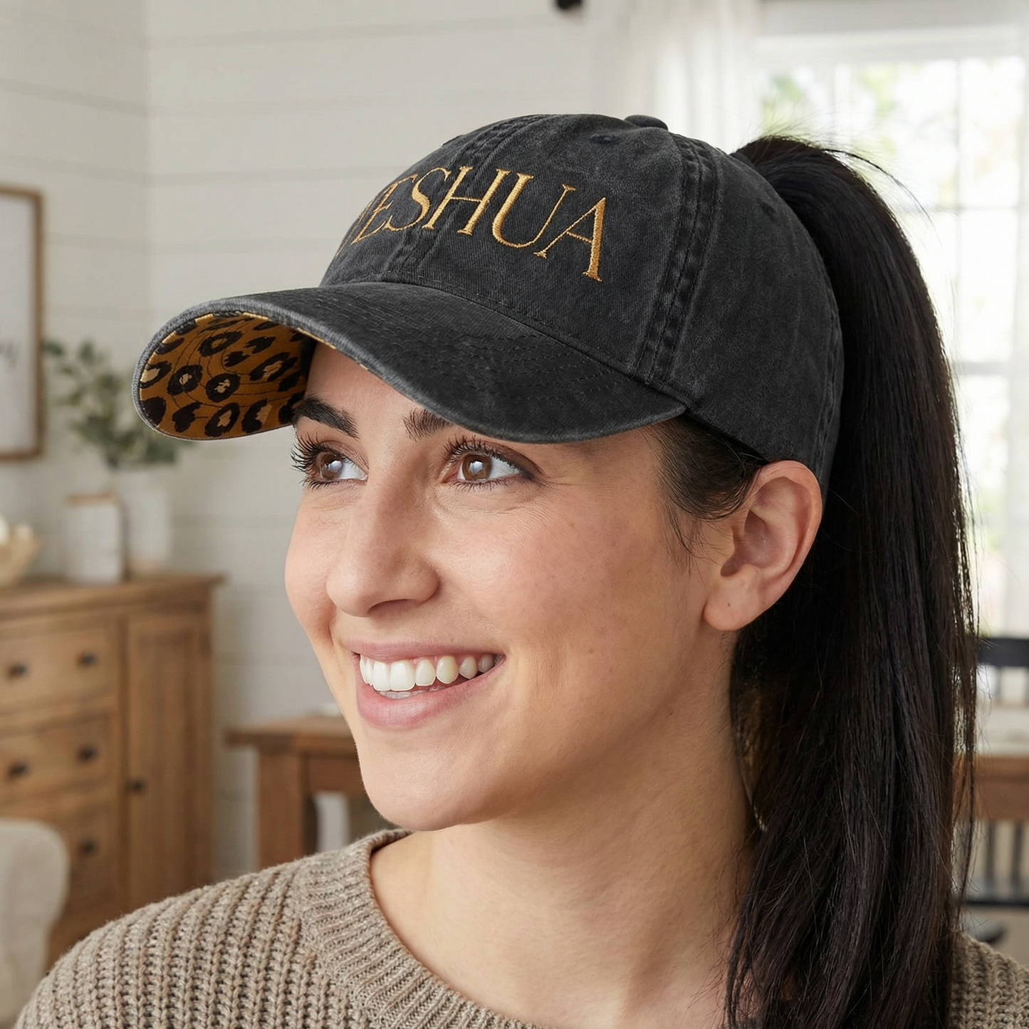 YESHUA Ponytail Hat (Black/Leopard) | Bronze Embroidery