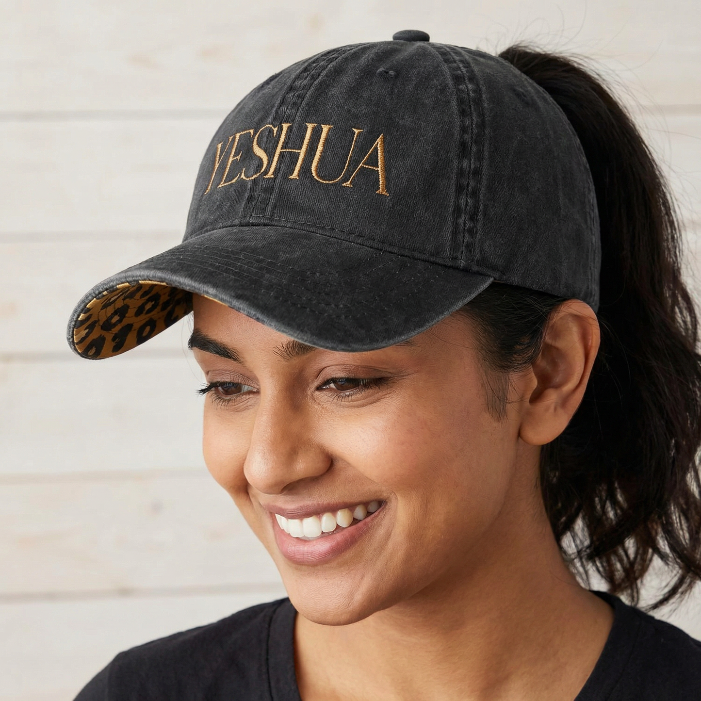 YESHUA Ponytail Hat (Black/Leopard) | Bronze Embroidery