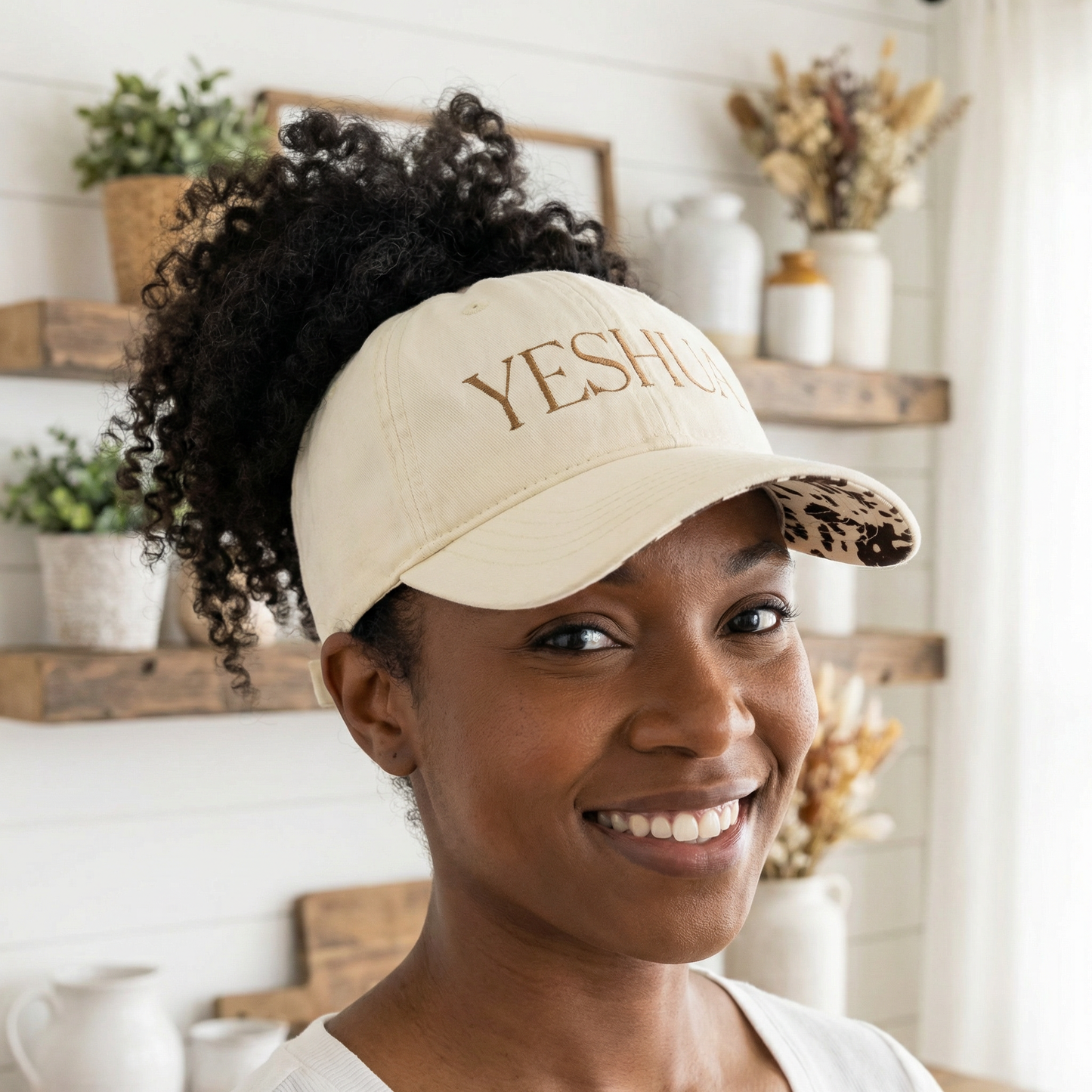 YESHUA Ponytail Hat (Vanilla/Longhorn) | Bronze Embroidery