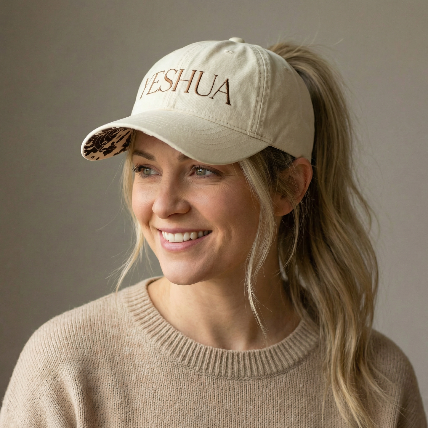 YESHUA Ponytail Hat (Vanilla/Longhorn) | Bronze Embroidery