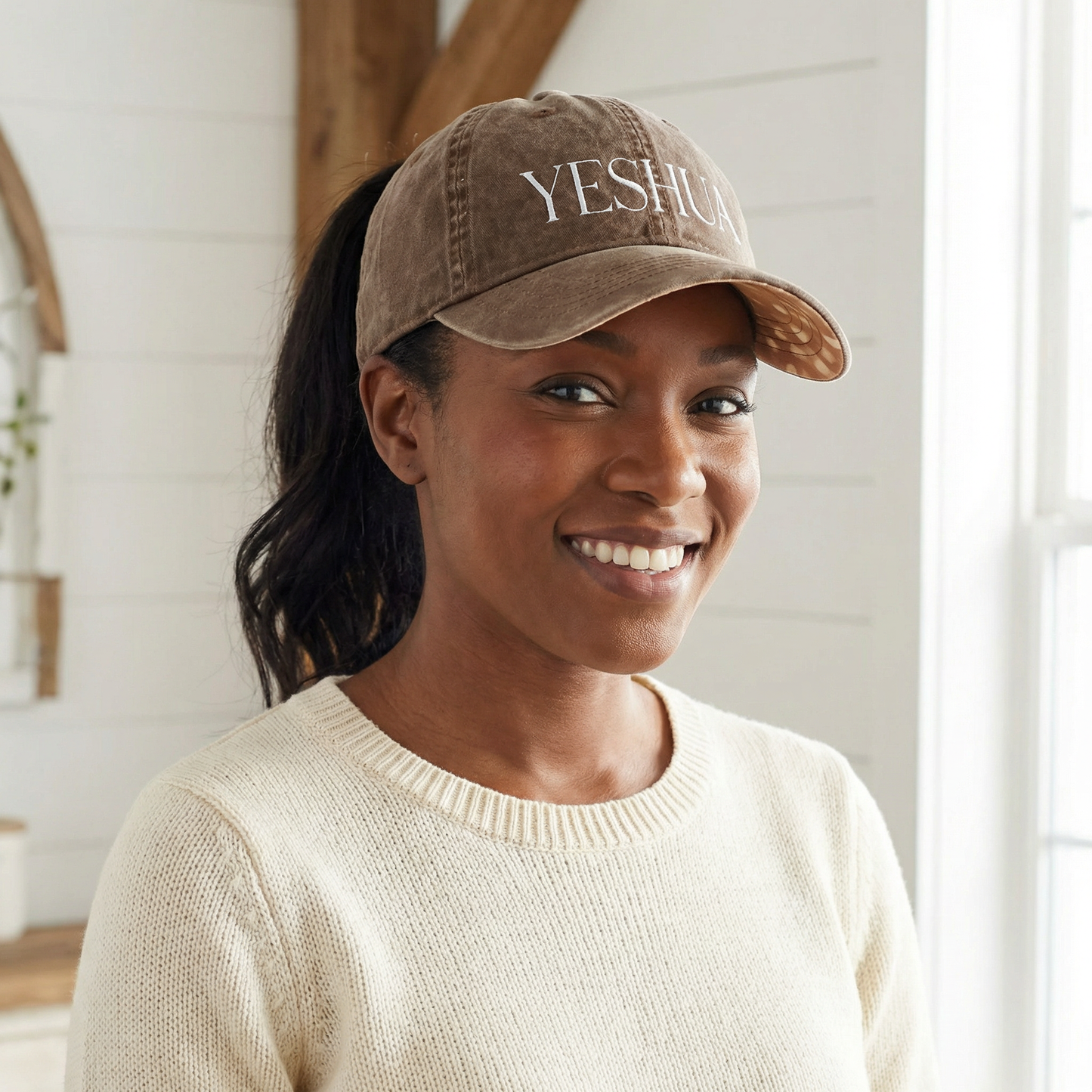 YESHUA Ponytail Hat (Chocolate/Fawn) | White Embroidery