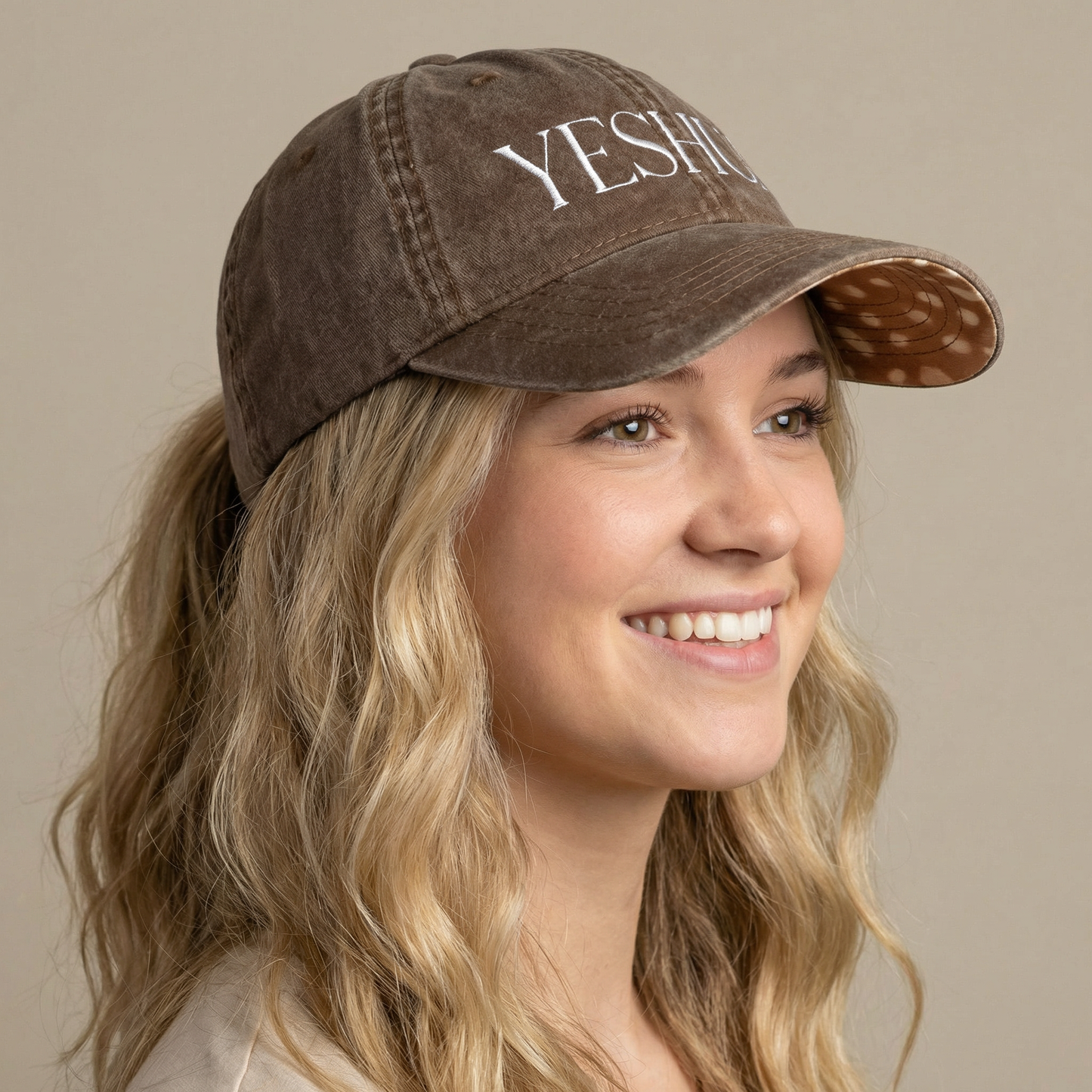 YESHUA Ponytail Hat (Chocolate/Fawn) | White Embroidery
