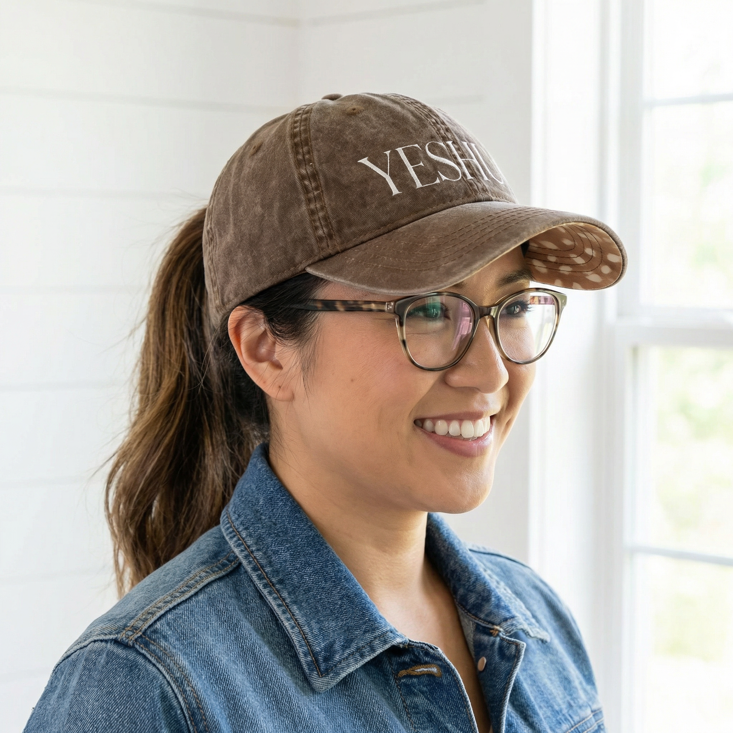 YESHUA Ponytail Hat (Chocolate/Fawn) | White Embroidery