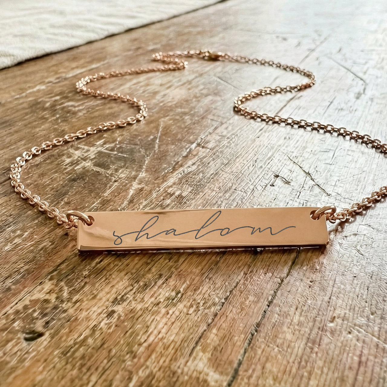 Shalom Horizontal Bar Necklace (Rose Gold)