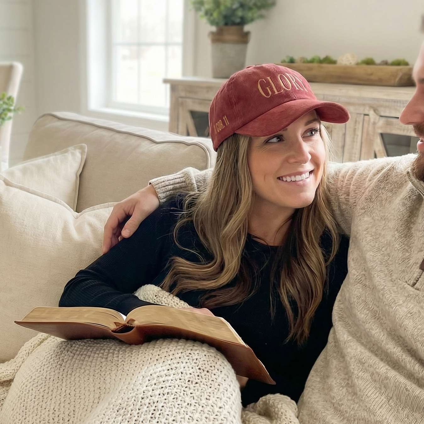 GLORY 1 Corinthians 11 Corduroy Hat (Burgundy) | Old Gold Embroidery