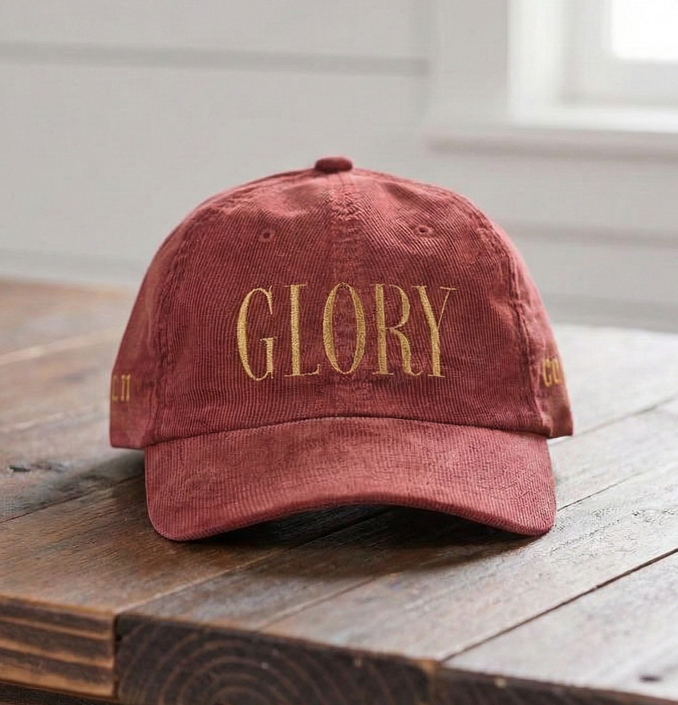 GLORY 1 Corinthians 11 Corduroy Hat (Burgundy) | Old Gold Embroidery