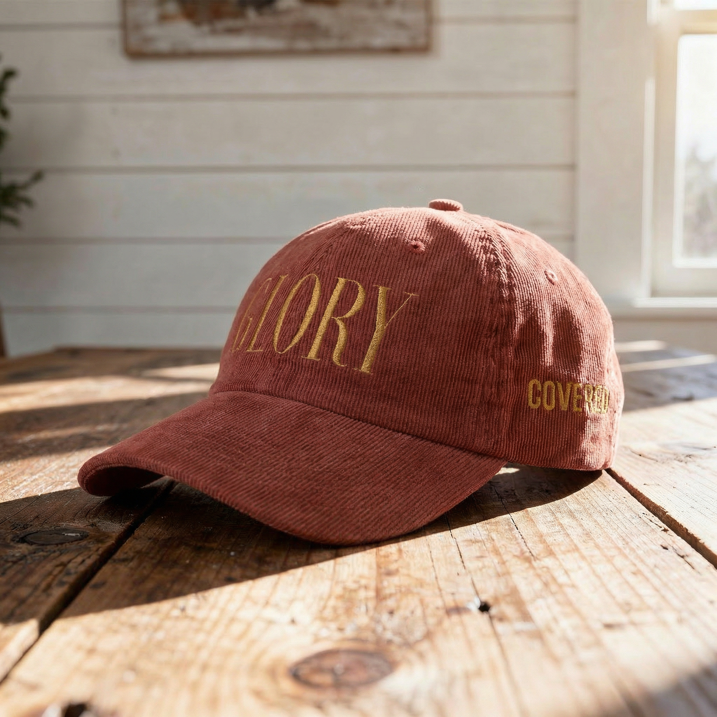 GLORY 1 Corinthians 11 Corduroy Hat (Burgundy) | Old Gold Embroidery