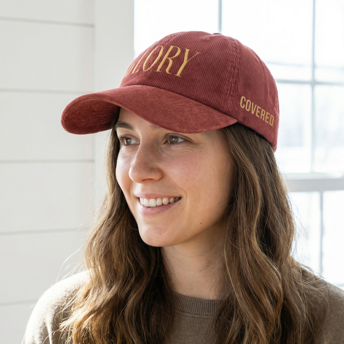 GLORY 1 Corinthians 11 Corduroy Hat (Burgundy) | Old Gold Embroidery
