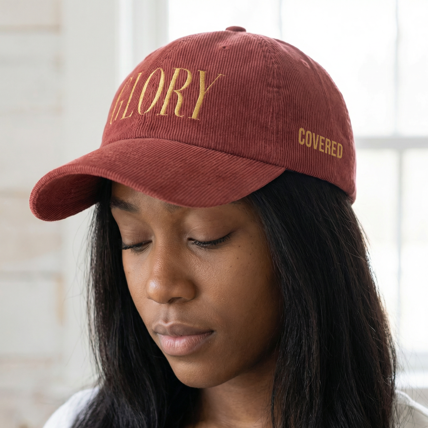 GLORY 1 Corinthians 11 Corduroy Hat (Burgundy) | Old Gold Embroidery