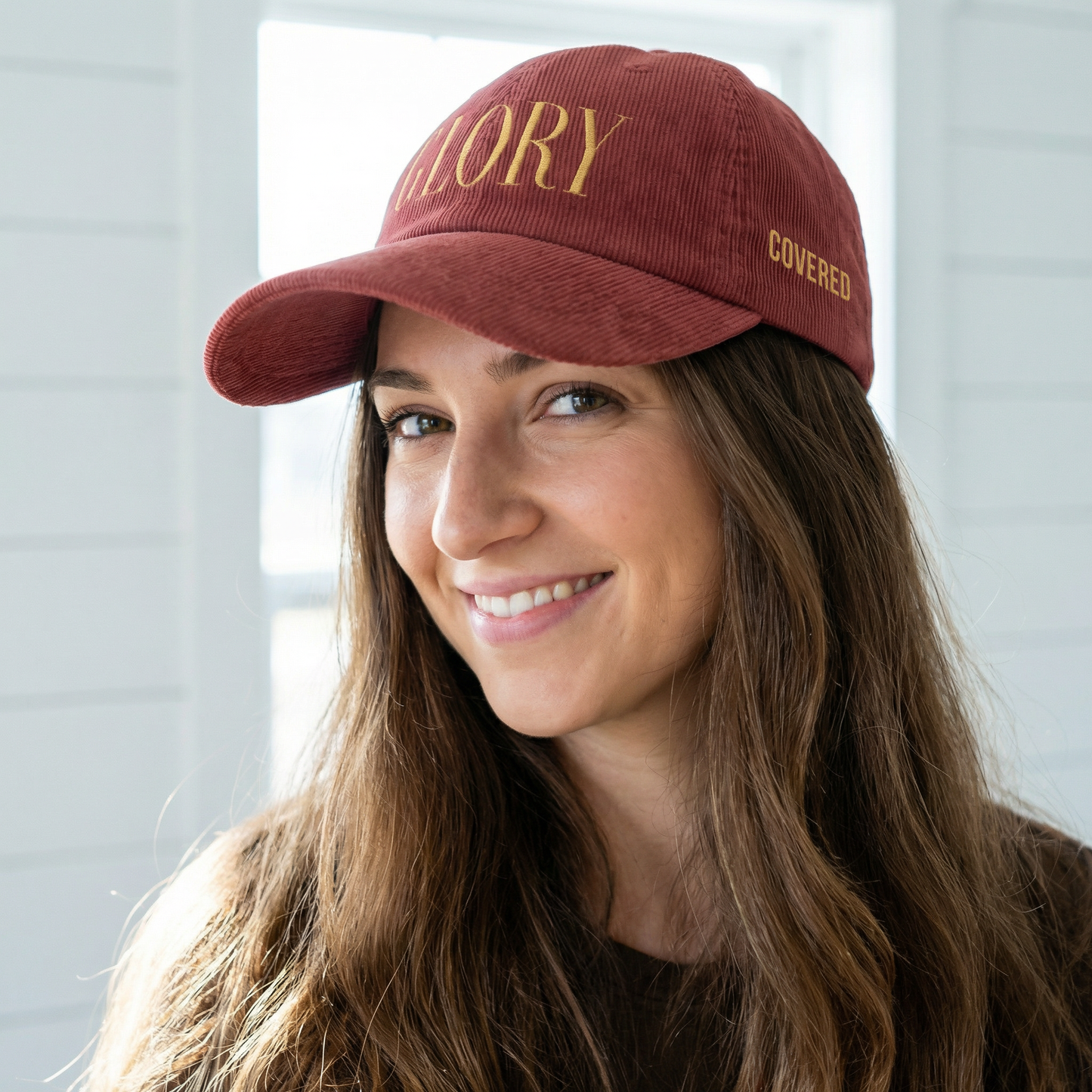 GLORY 1 Corinthians 11 Corduroy Hat (Burgundy) | Old Gold Embroidery