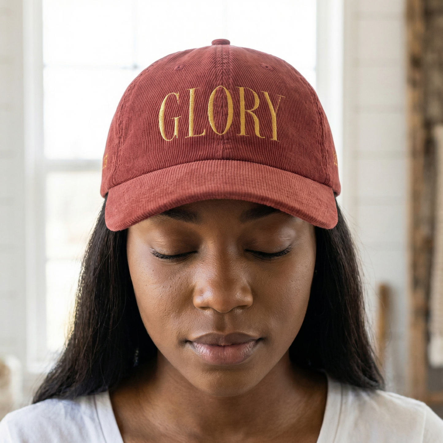 GLORY 1 Corinthians 11 Corduroy Hat (Burgundy) | Old Gold Embroidery