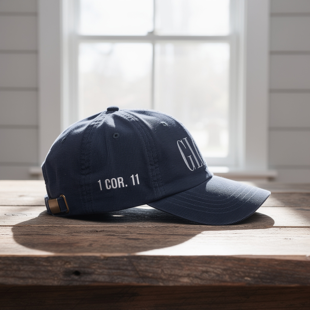 GLORY 1 Corinthians 11 Corduroy Hat (Navy) | White Embroidery