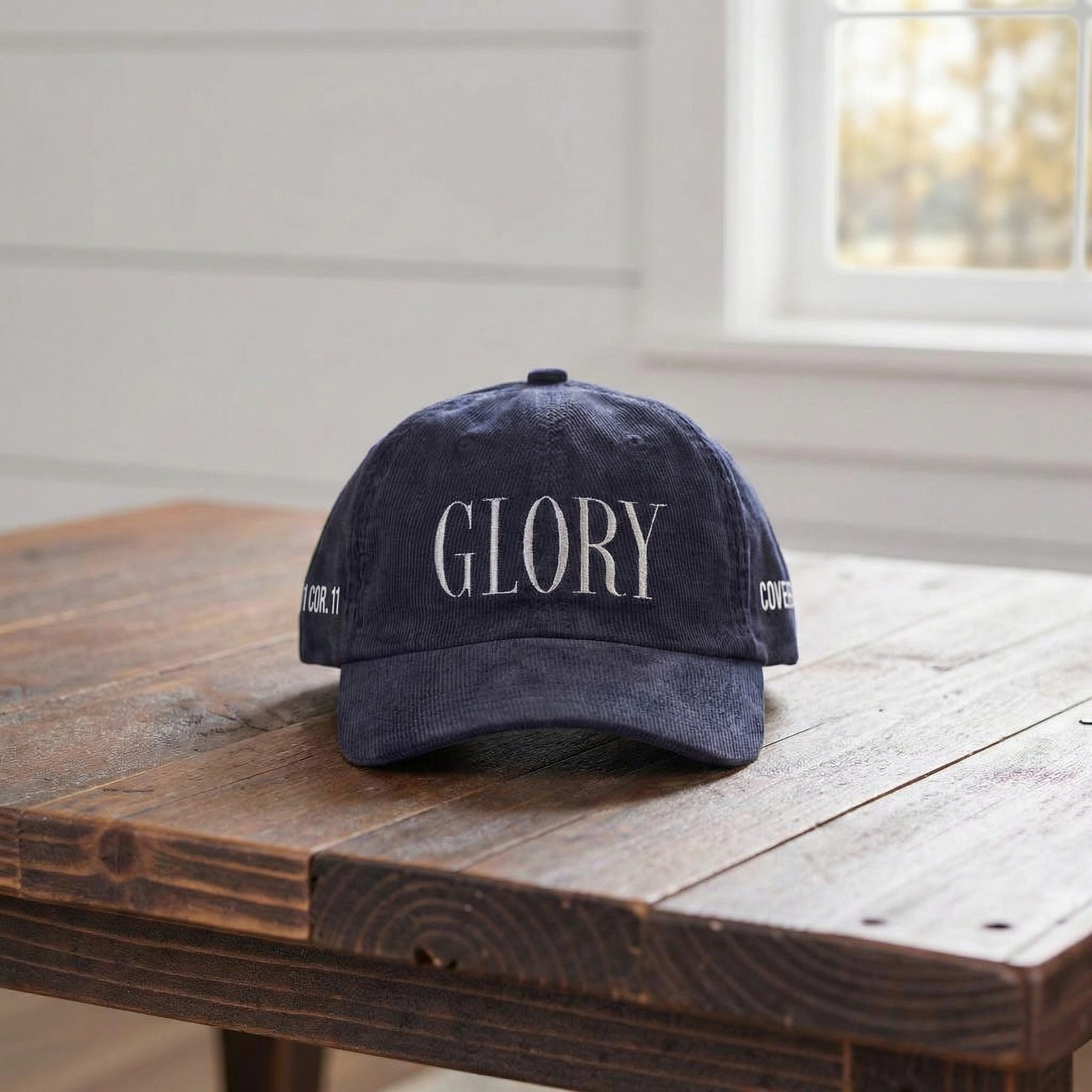 GLORY 1 Corinthians 11 Corduroy Hat (Navy) | White Embroidery