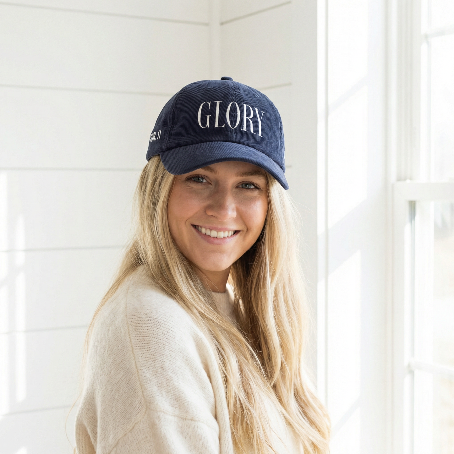 GLORY 1 Corinthians 11 Corduroy Hat (Navy) | White Embroidery