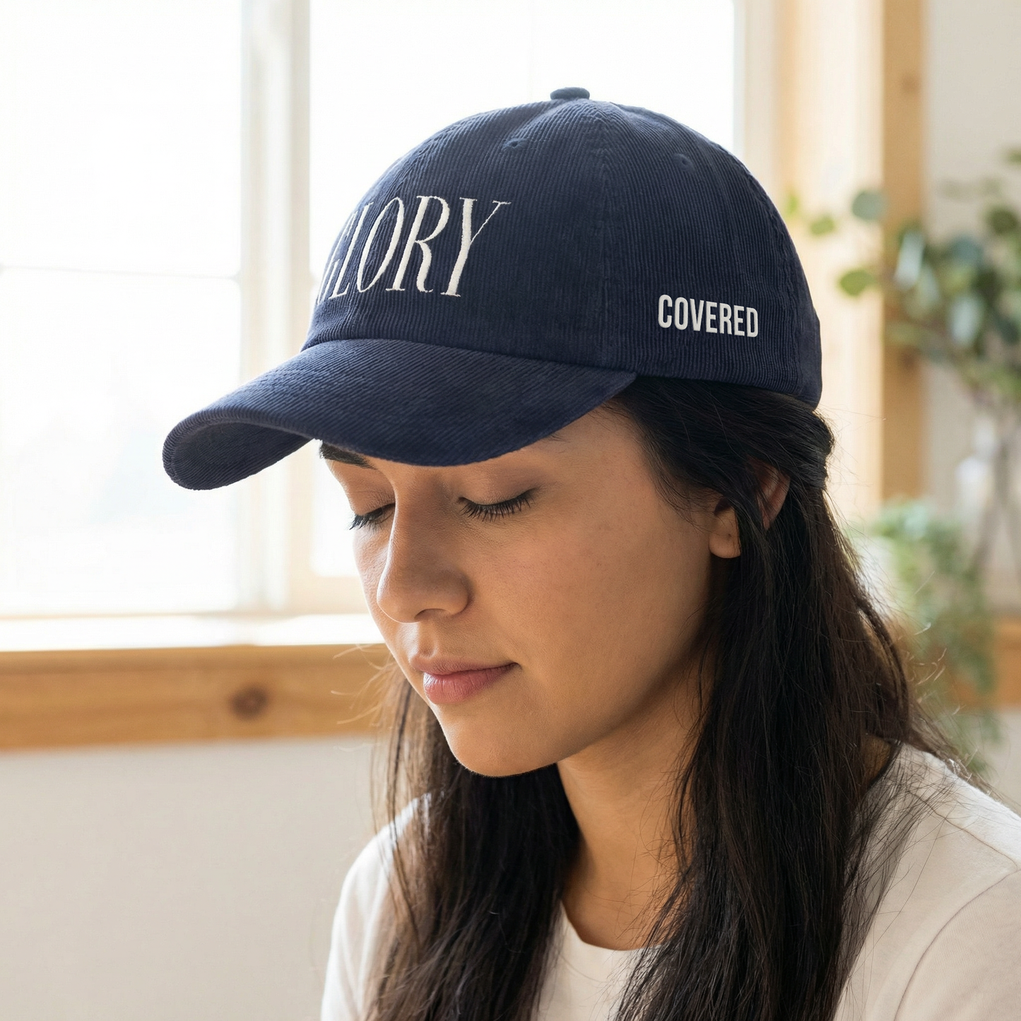GLORY 1 Corinthians 11 Corduroy Hat (Navy) | White Embroidery