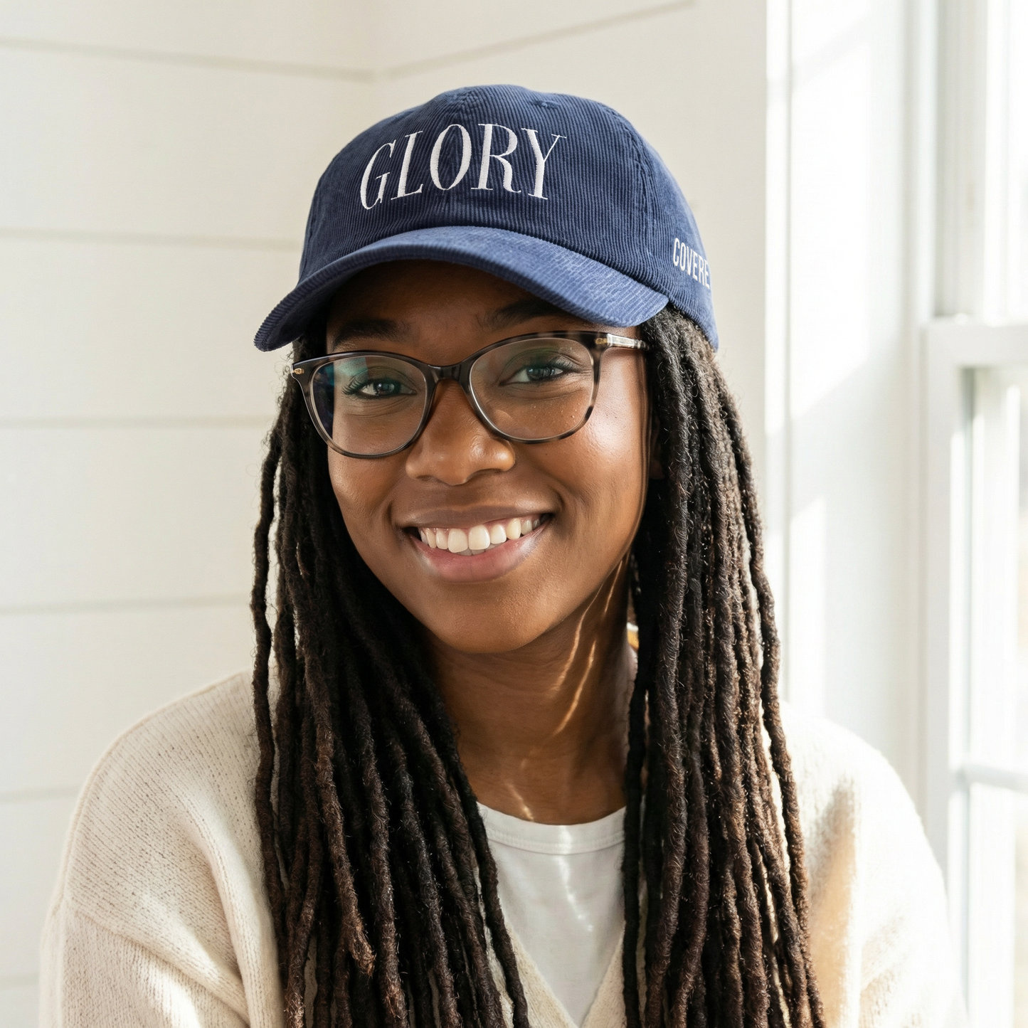 GLORY 1 Corinthians 11 Corduroy Hat (Navy) | White Embroidery