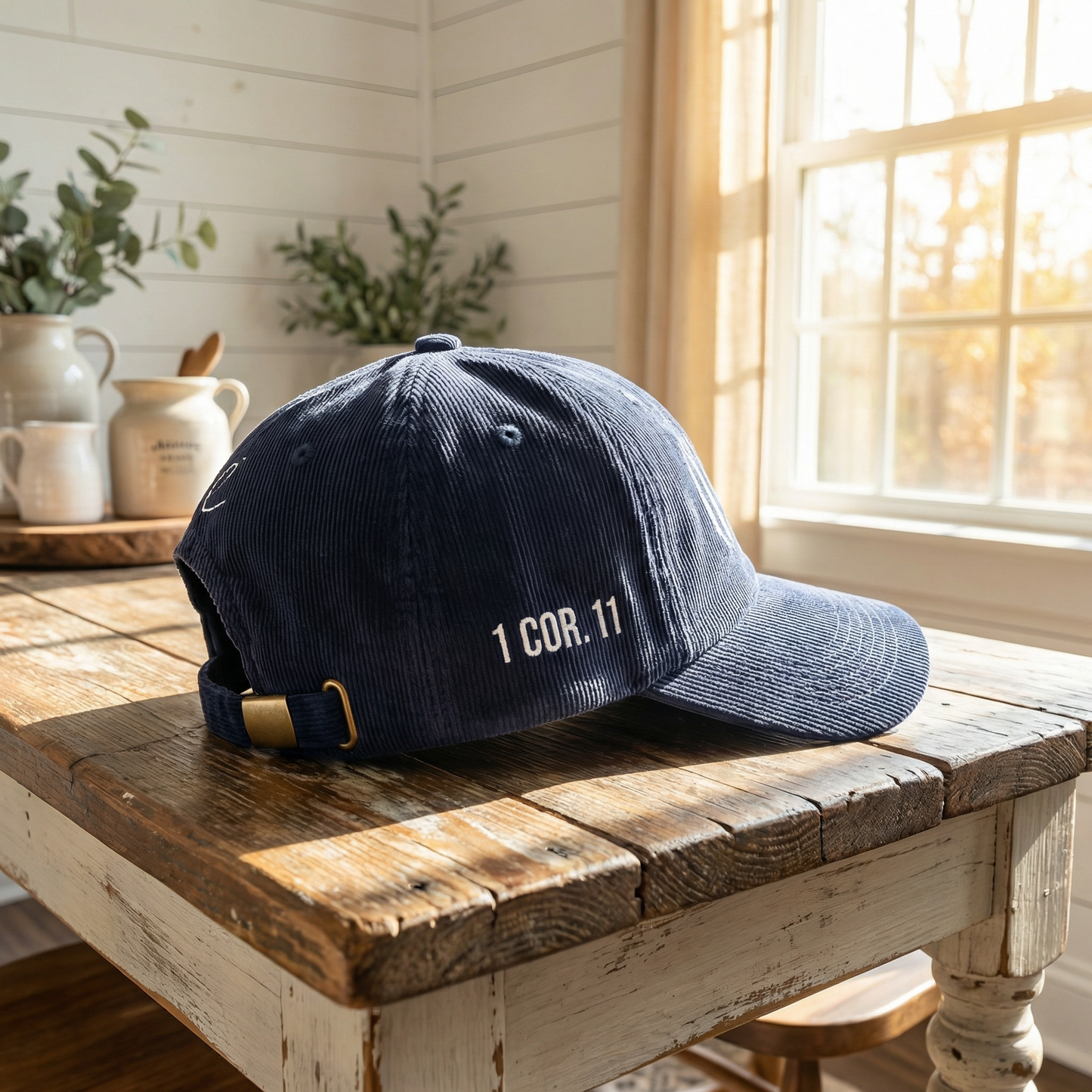 GLORY 1 Corinthians 11 Corduroy Hat (Navy) | White Embroidery