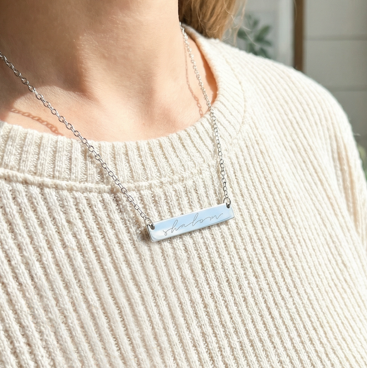 Shalom Horizontal Bar Necklace (Silver)