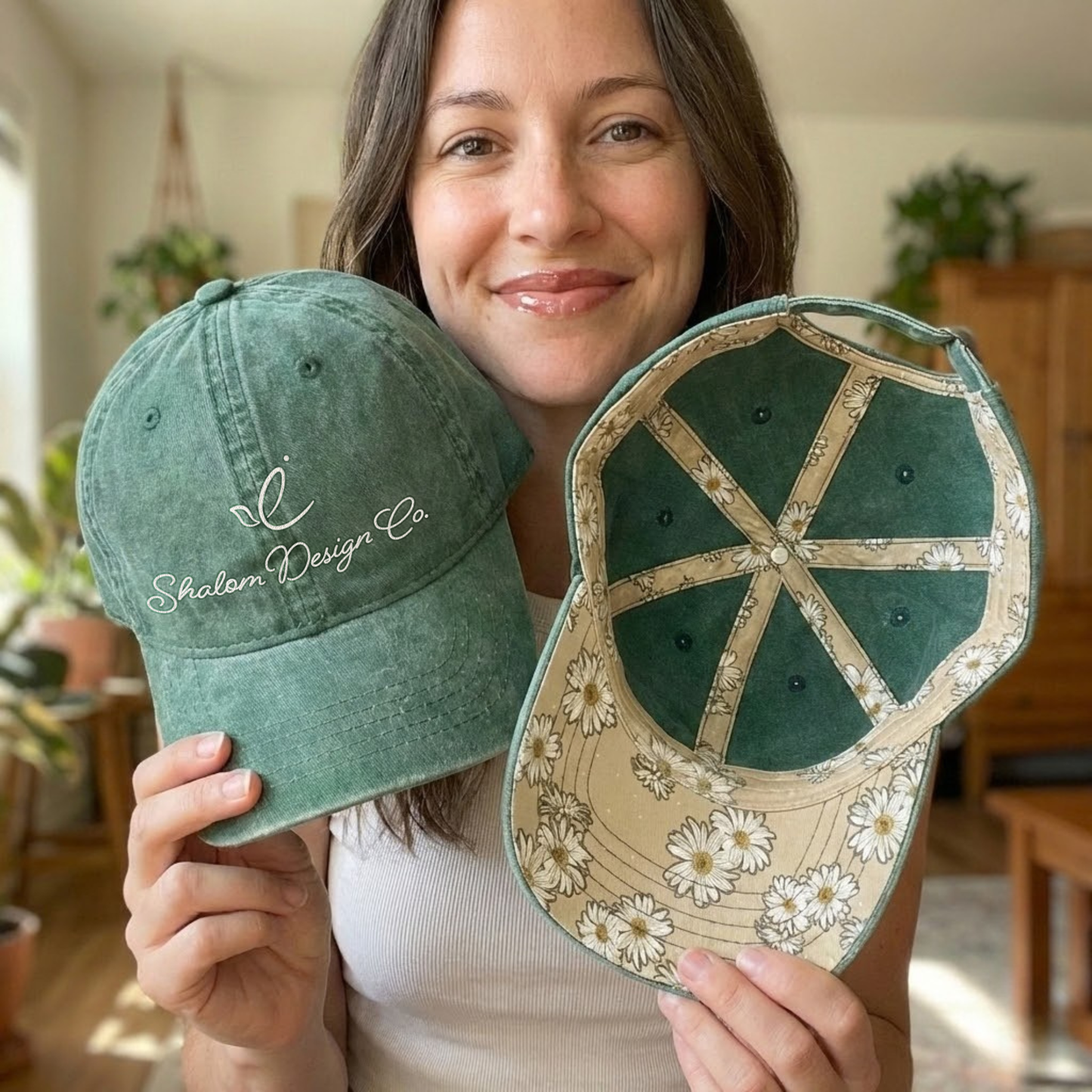 Shalom Design Co. Ponytail Hat (Jade/Daisy) | White Embroidery
