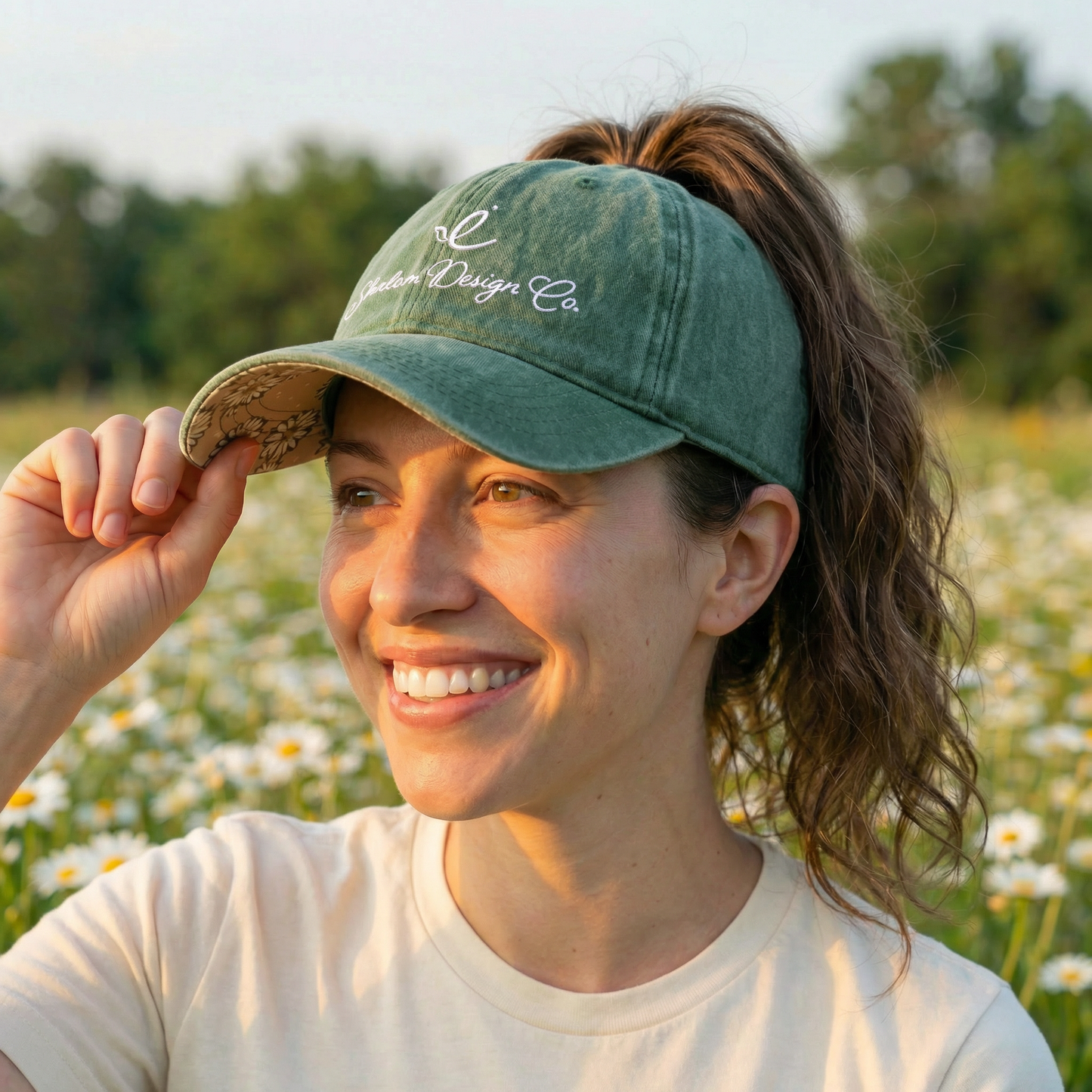 Shalom Design Co. Ponytail Hat (Jade/Daisy) | White Embroidery