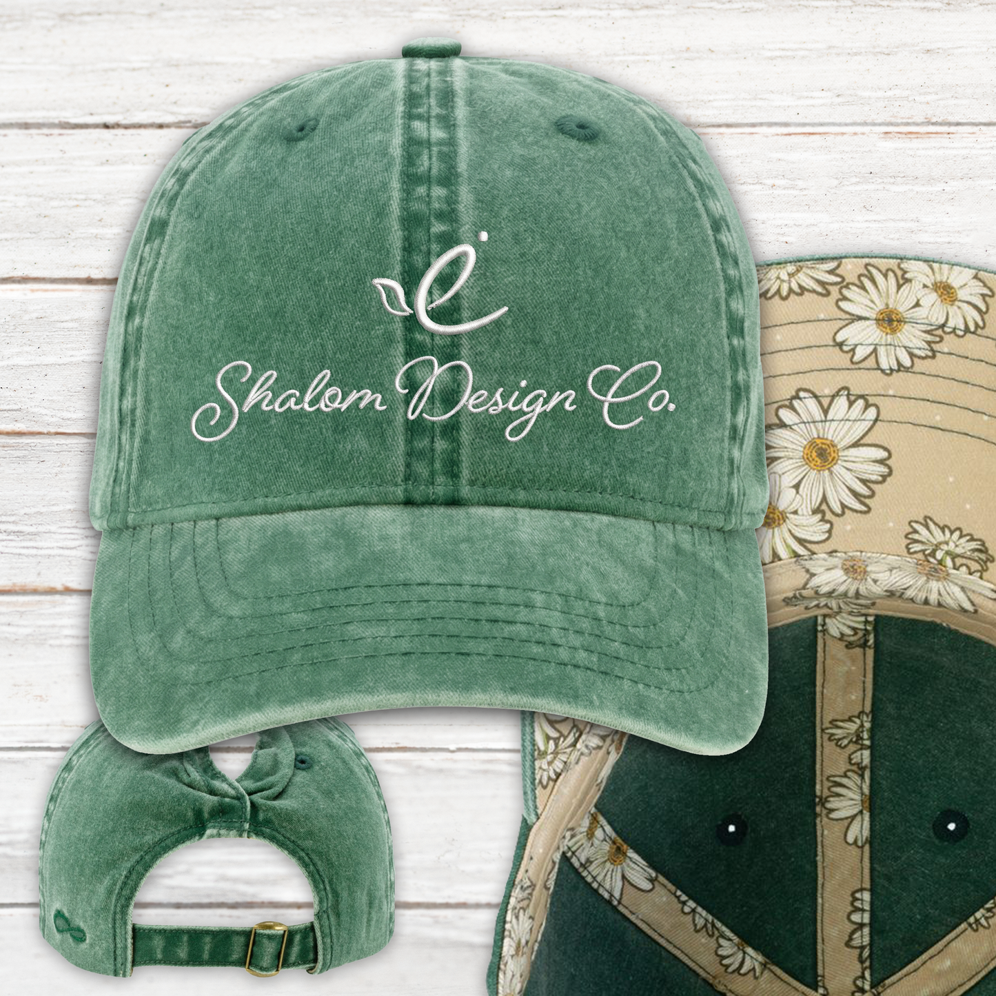 Shalom Design Co. Ponytail Hat (Jade/Daisy) | White Embroidery
