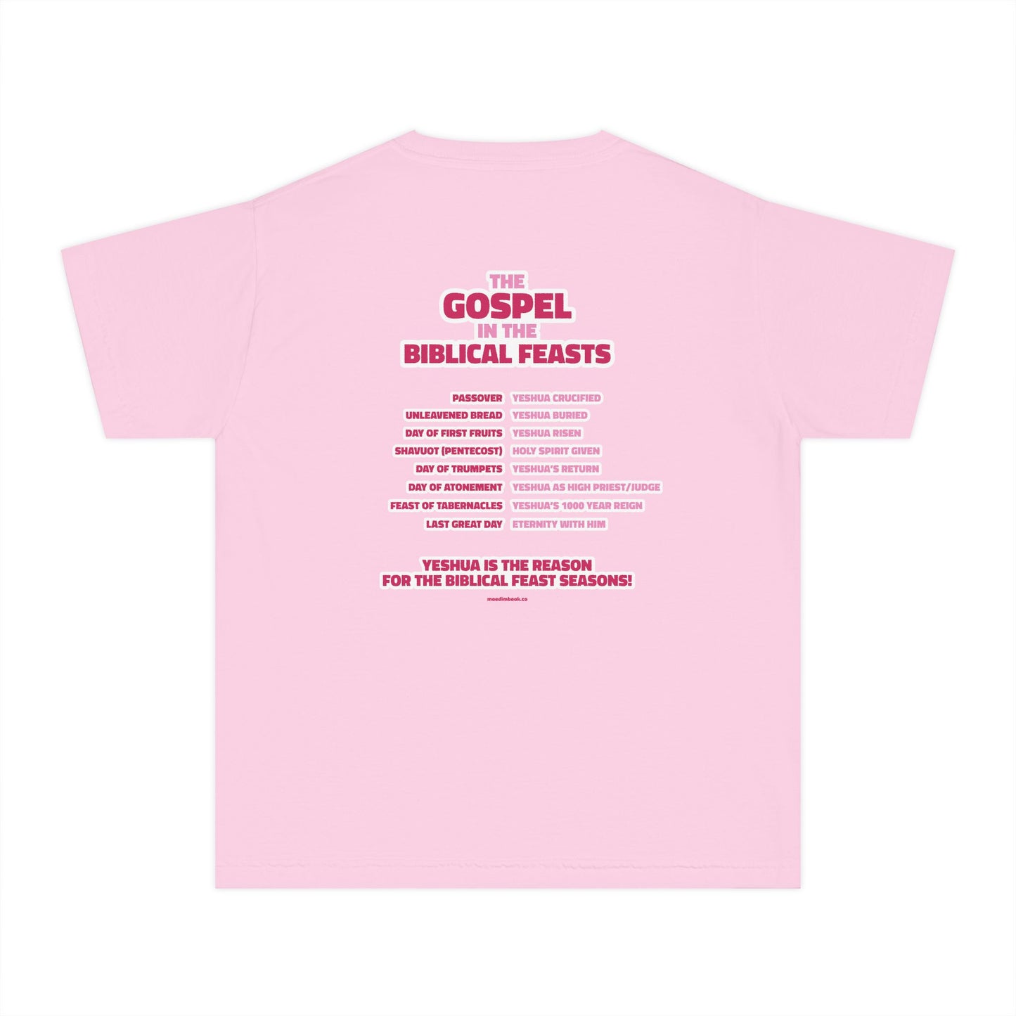 YESHUA is the Reason! Gospel in the Feasts Youth Shirt (Pink) | Moedim Book Co.