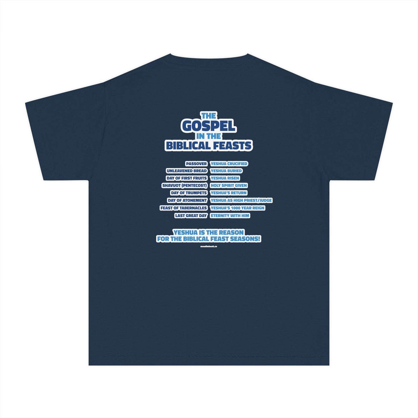 YESHUA is the Reason! Gospel in the Feasts Youth Shirt (Navy) | Moedim Book Co.